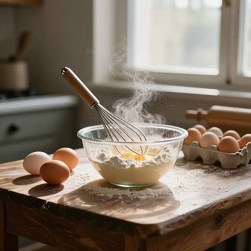 Photograph of a wooden kitchen table with a glass bowl of flour, steam rising, whisk inside, brown eggs, and a window in the background.