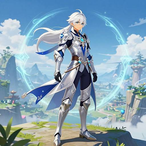 Anime-style digital artwork of a white-haired, blue-eyed knight in silver armor with blue accents, standing on a cliff, casting a glowing blue magical circle