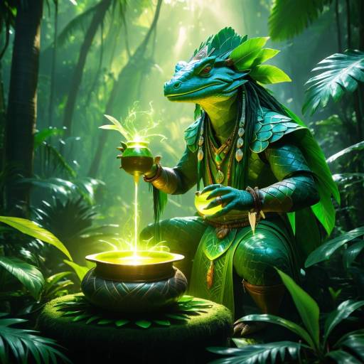 Anthropomorphic Lizard Shaman Brewing Potion in Jungle