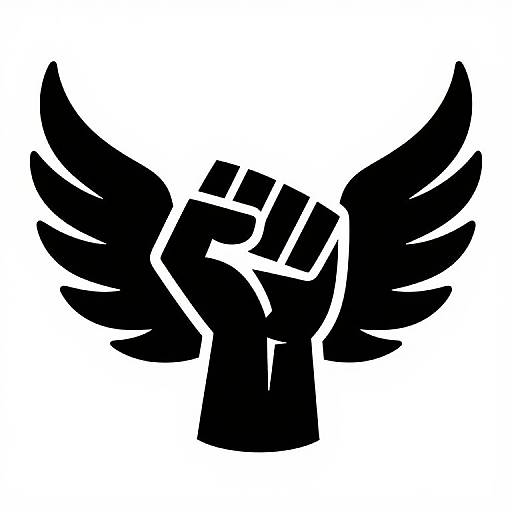 Black silhouette of a clenched fist with wings, symbolizing strength and victory. Bold, high-contrast design on white background.