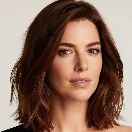 Photorealistic portrait of a fair-skinned woman with brown, shoulder-length wavy hair, brown eyes, and subtle makeup, against a plain white