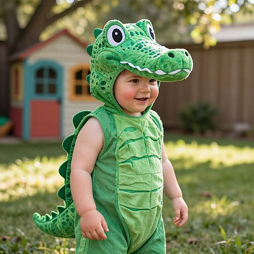 Photograph of a smiling baby in a green crocodile costume, standing on grass in a sunlit backyard with a colorful playhouse in the background.