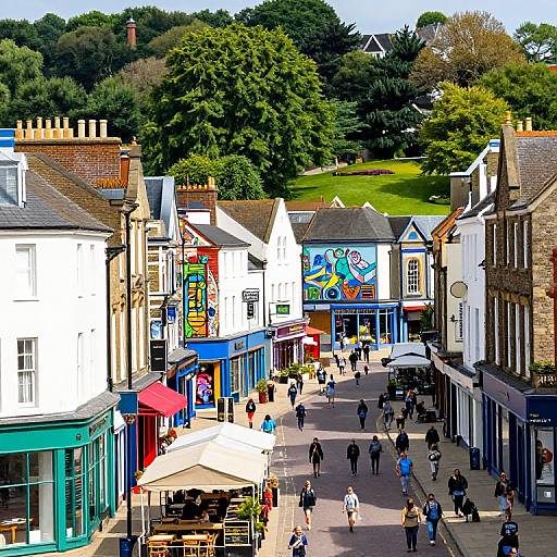 Vibrant photograph of a bustling, colorful street in a quaint town with white buildings, colorful shop signs, people walking, outdoor cafes, and lush