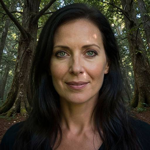 Photograph of a middle-aged woman with fair skin, green eyes, and long black hair, smiling in a forest with tall, leafy trees.