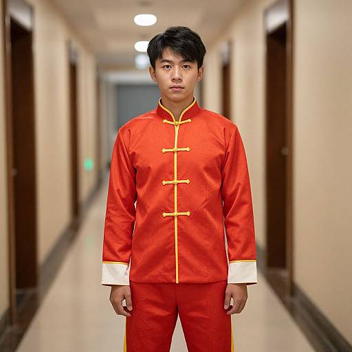 Photograph of an Asian man in a bright red traditional Chinese qipao with yellow buttons and trim, standing in a long, empty, fluorescent-l