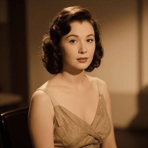Vintage photograph of a fair-skinned, dark-haired woman with wavy, shoulder-length hair, wearing a sleeveless, brown, V-neck dress,