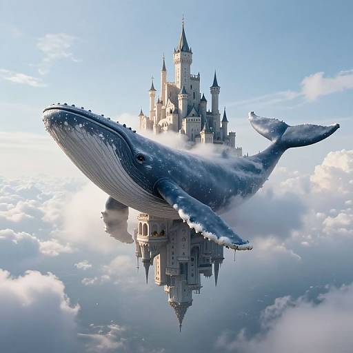 Photorealistic digital artwork of a massive blue whale carrying a floating, detailed medieval castle in a bright, cloudy sky.