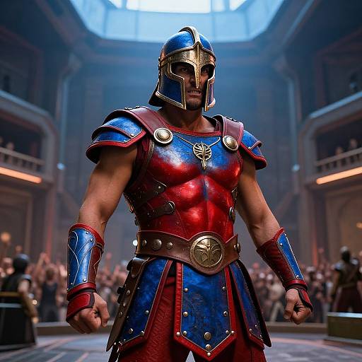 CGI image of a muscular, armored warrior in red and blue gladiator-like attire with a golden helmet, standing in a dimly lit, grand