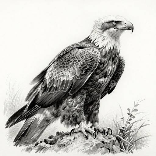 Detailed black-and-white digital illustration of a majestic eagle with intricate feather patterns, standing on grassy ground, looking to the right.