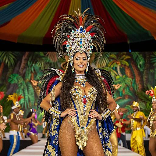 Photograph of a smiling, dark-skinned woman in an elaborate Carnival costume with colorful feathers, gold and blue beaded bodysuit, and intricate
