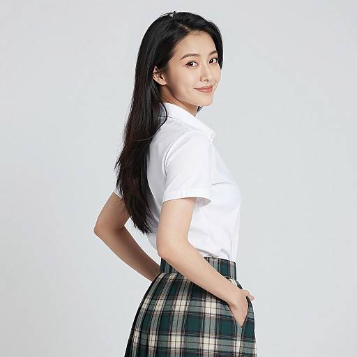 Smiling Asian Woman in Stylish Outfit