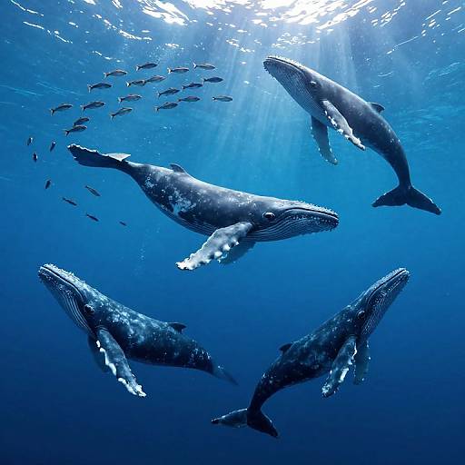 Photograph of five blue whales swimming in deep blue ocean water, surrounded by a school of small fish, illuminated by sunlight from above.
