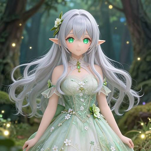 Digital anime-style elf girl with long silver hair, green eyes, floral dress, flower hair accessory, in a mystical forest with glowing fireflies.
