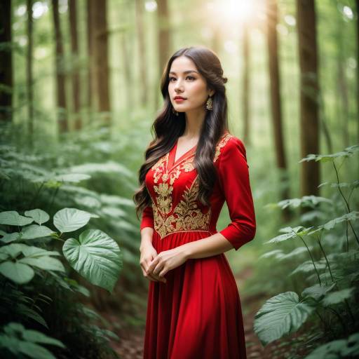 Woman in Vintage Red Dress in Forest