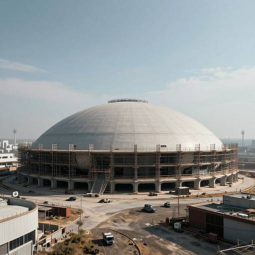 Photograph of a large, dome-shaped stadium under construction with scaffolding, surrounded by roads, buildings, and vehicles under a clear blue sky.