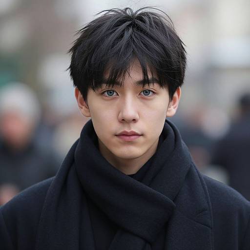 Photograph of a young Asian man with pale skin, black hair, and blue eyes, wearing a black scarf and coat, standing outdoors with a blurred