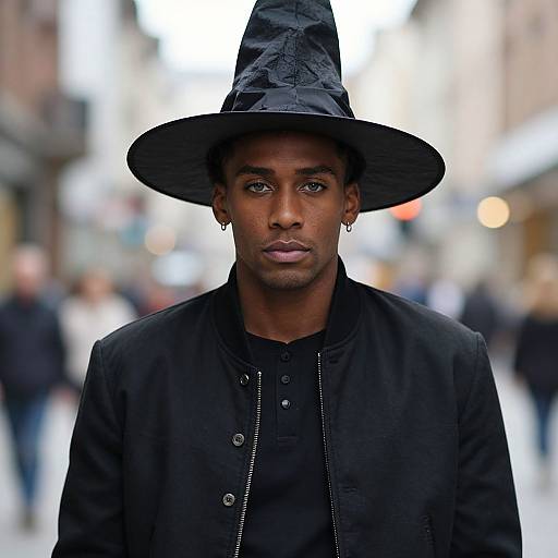 Photograph of a serious-looking Black man with dark skin, wearing a large black hat and black jacket, standing in a blurred urban street with indist