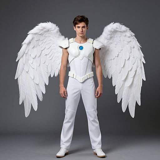 Photograph of a young man with white feathered wings, wearing a white angelic outfit with a blue gem, standing against a gray background.