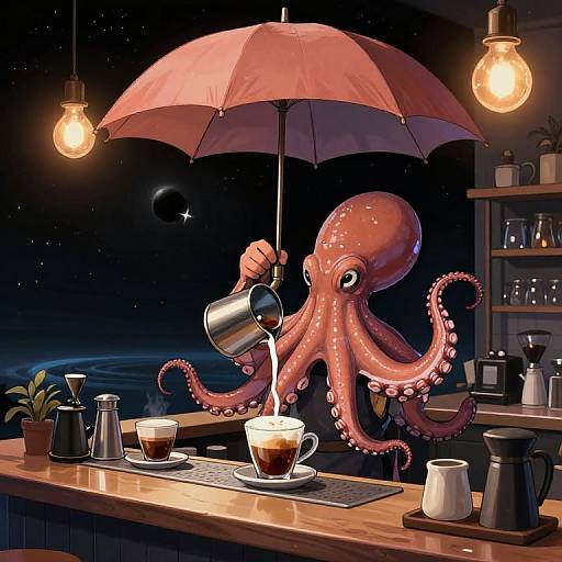 Digital illustration of a pink octopus barista pouring coffee under a red umbrella, with a starry night sky backdrop.