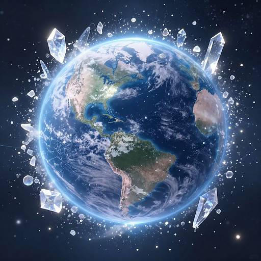 Digital art of Earth surrounded by glowing, translucent crystals in space, showcasing detailed continents and a bright, luminous atmosphere.