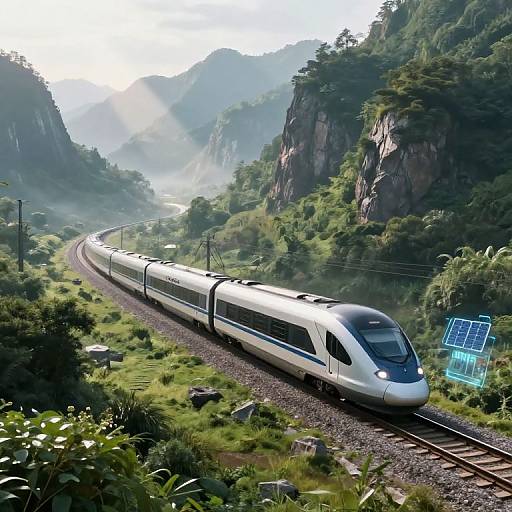 Photograph-style CGI of sleek, white and blue high-speed train winding through lush, green mountain valley with sunlight filtering through trees.