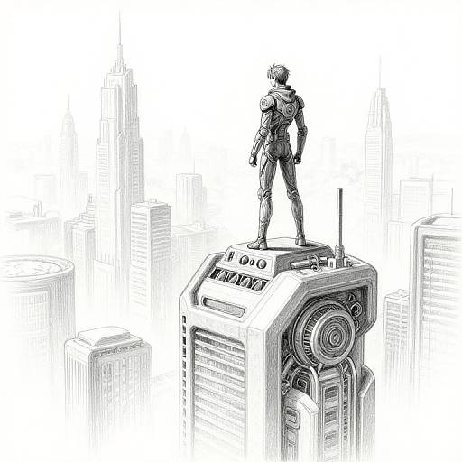 Black-and-white digital sketch of a lone, futuristic, armored figure standing on a high-tech platform overlooking a cityscape of tall, sparse skyscrapers