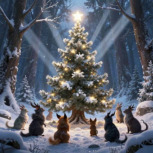 Digital artwork: Snowy forest with glowing Christmas tree, surrounded by seven anthropomorphic deer with large ears, sitting in awe, illuminated by moonlight.