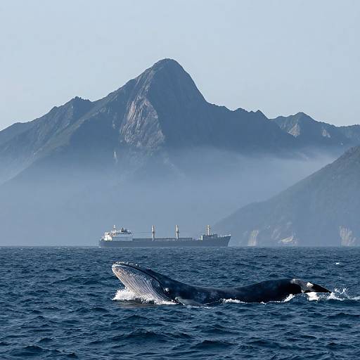 Photograph of a humpback whale breaching the ocean's surface in front of misty, mountainous coastline with two cargo ships in the background