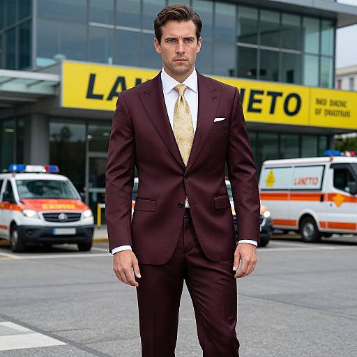 Photograph of a handsome man in a dark brown suit, white shirt, and gold tie, standing in front of a Laëto medical building with