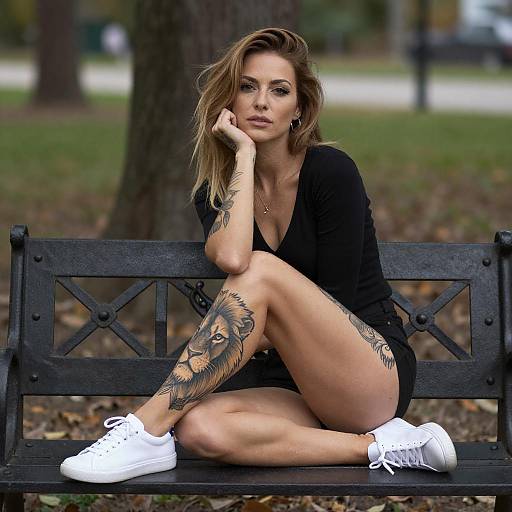 Tattooed Woman on Park Bench
