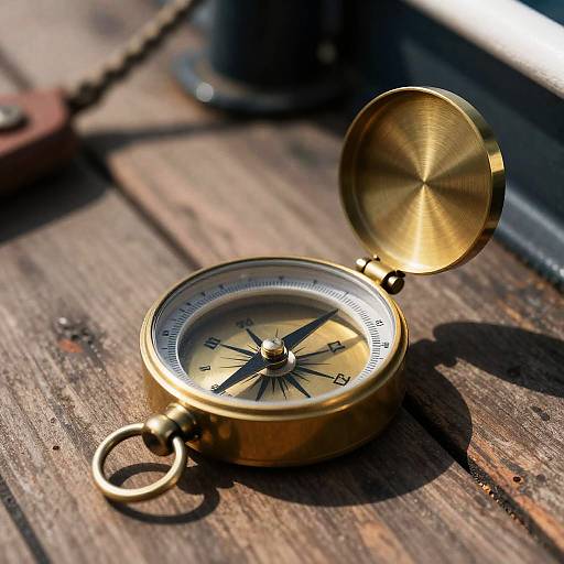 Antique Brass Compass on Ship Deck