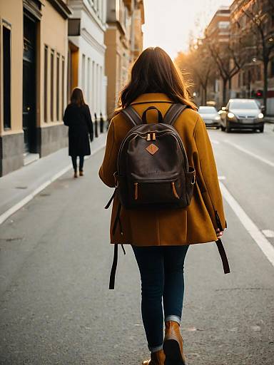 Woman Walking Down Urban Street with Backpack