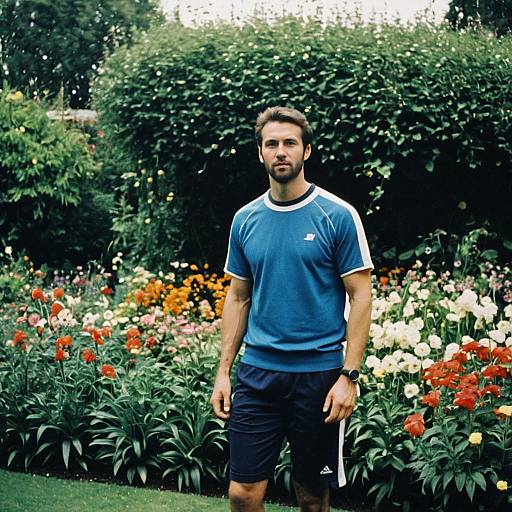 Photograph of a muscular, bearded man with short dark hair, wearing a blue sports shirt and black shorts, standing in a vibrant, colorful garden