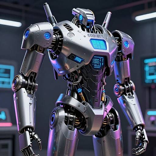 Photorealistic CGI of a shiny, silver, futuristic robotic warrior with blue and purple lights, labeled 
