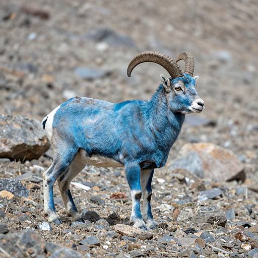 Photograph of a blue-gray mountain goat with curved horns standing on rocky, uneven terrain, showcasing its white underbelly and alert gaze.