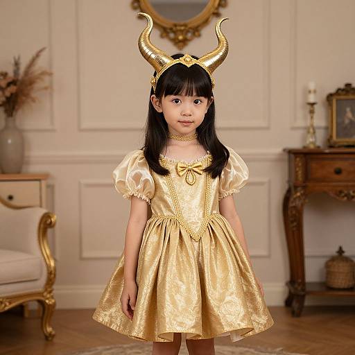 Photograph of an Asian girl with long black hair, wearing a gold satin dress, puffed sleeves, and gold horns headband, standing in an