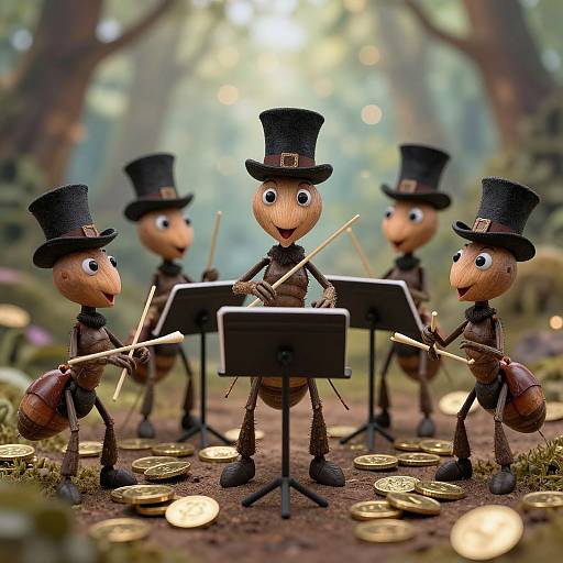 Photograph of four anthropomorphic ants in black top hats, playing musical instruments on a forest floor with scattered coins.