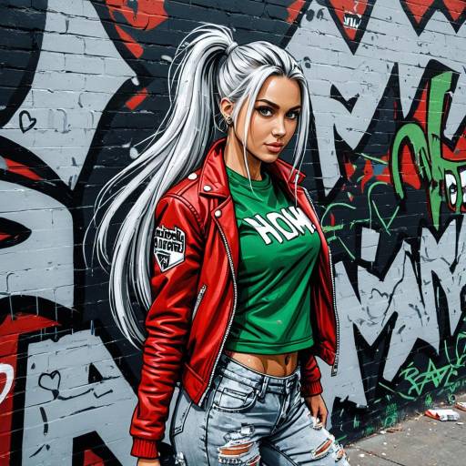 Graffiti Art of Female with Silver Hair and Red Leather Jacket