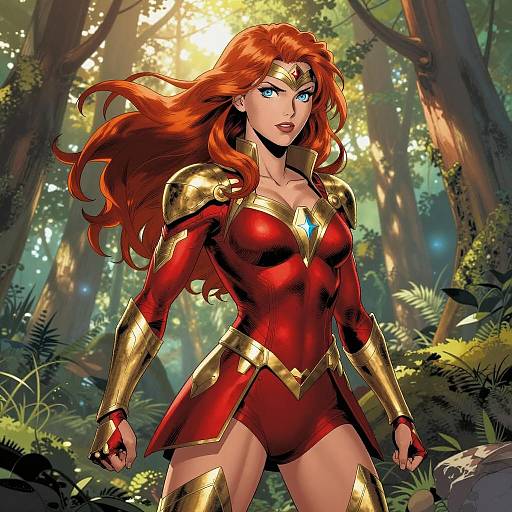 Confident Female Superhero in Lush Forest