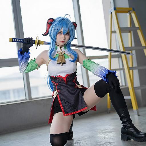Cosplayer with Katana in Blue Wig and Detailed Costume