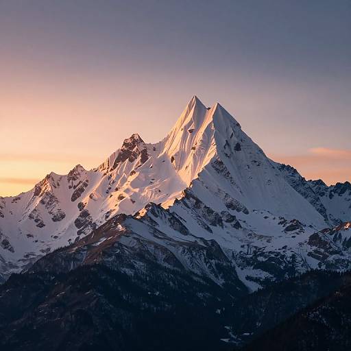 Photograph of a snow-capped mountain peak bathed in golden sunset light, with rugged, dark rocky slopes and a clear, gradient sky from orange