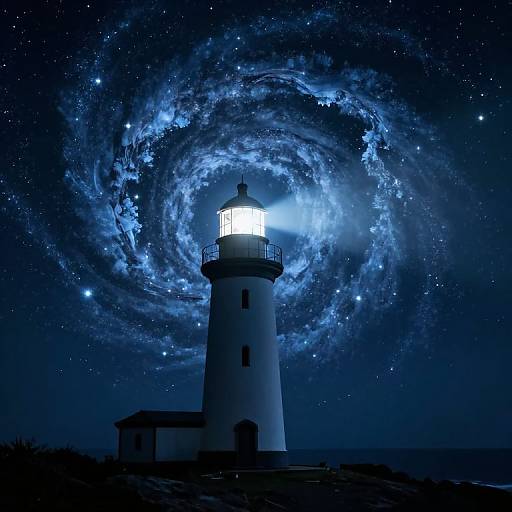 Photograph of a white lighthouse with glowing light, surrounded by a swirling, blue-tinted galaxy against a starry night sky.