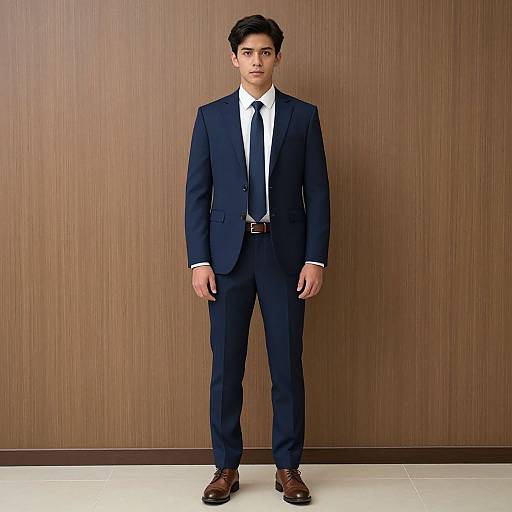 Photograph of a young man with dark hair, wearing a navy blue suit, white shirt, black tie, and brown shoes, standing against a brown