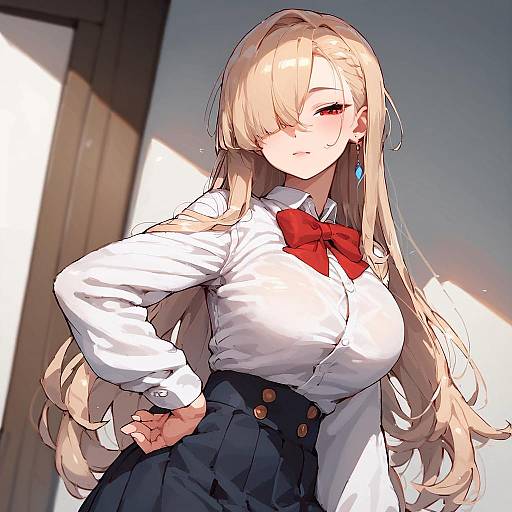 Anime Girl in School Uniform Standing Indoors