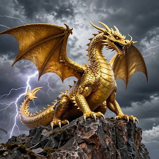 Digital artwork of a golden dragon with sharp claws and wings, standing on a rocky cliff amid a stormy sky with lightning.