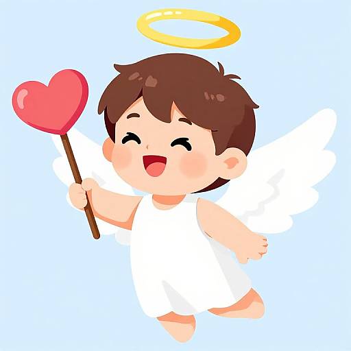 Cartoon angel baby with brown hair, white outfit, holding red heart-shaped stick, golden halo, smiling, against light blue background.