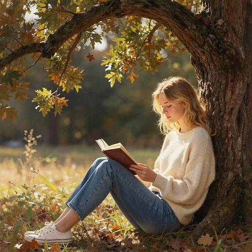 Photograph of a blonde woman with wavy hair, wearing a white sweater and blue jeans, sitting under a tree, reading a book in a sun