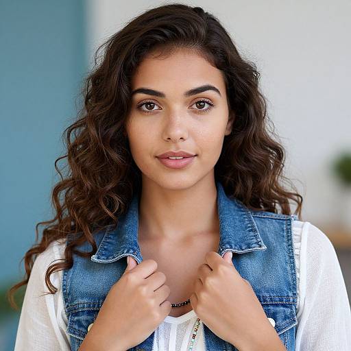 Photograph of a young woman with long, wavy brown hair, light brown skin, and brown eyes, wearing a denim vest over a white shirt