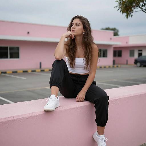 Thoughtful Woman on Pink Ledge