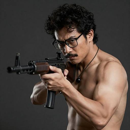 Intense Muscular Man with Rifle